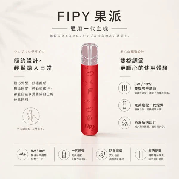 ChatGPT-Image-2026年8月22日-下午06_32_51.webp 【台灣現貨秒發】Fipy 果派 HP2 一代通用主機 完美適配一代煙彈 防漏結構設計 高質感纖薄機身【買6送1】