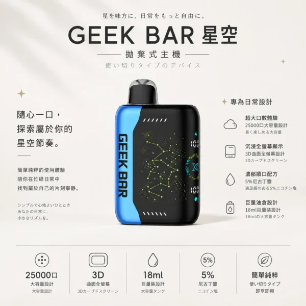 ChatGPT-Image-2026年8月22日-下午07_29_27.webp 【台灣現貨】GEEK BAR Pulse X 星空系列 25000口 拋棄式電子煙 18ml巨量裝 5%尼古丁鹽強勁擊喉【買5贈1】