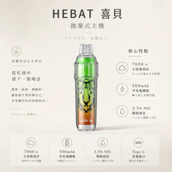 ChatGPT-Image-2026年8月22日-下午07_37_24.webp 【台灣現貨】Hebat 喜貝 BOOM 7000口 拋棄式電子煙 14ml巨量油倉 500mAh可充電續航 3.5%尼古丁鹽