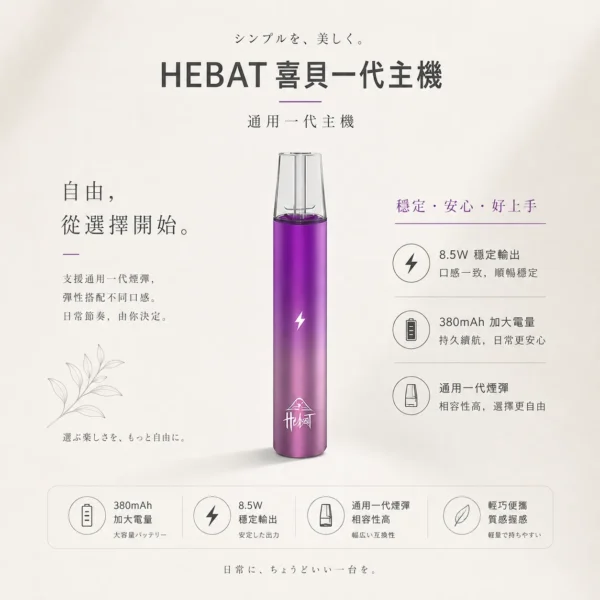 ChatGPT-Image-2026年8月22日-下午07_59_52.webp 【台灣現貨秒發】HEBAT 喜貝 一代通用主機 380mAh加大電量 通用一代煙彈 金屬質感 8.5W穩定輸出
