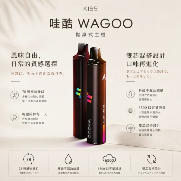 【台灣現貨】WAGOO 哇酷 KIS5 6500口 拋棄式電子煙 升級不漏油結構 順滑擊喉 雙芯混搭多風味