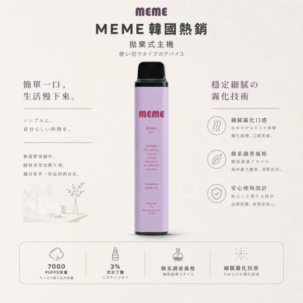 ChatGPT-Image-2026年8月23日-下午07_54_22.webp 【台灣現貨秒發】MEME 韓國熱銷 7000口 拋棄式電子煙 3%尼古丁鹽黃金配比 霧化細膩絲滑口感