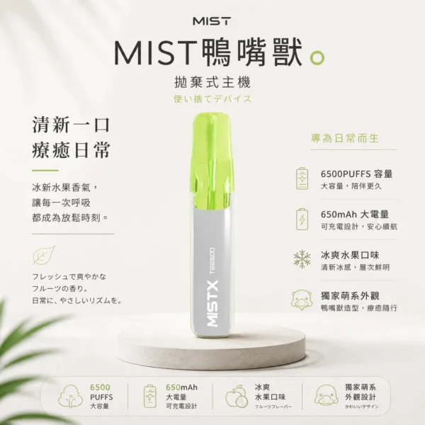 【台灣現貨秒發】Mist X 鴨嘴獸 6500口 拋棄式電子煙 550mAh大電量可充電 2%尼古丁鹽冰爽水果