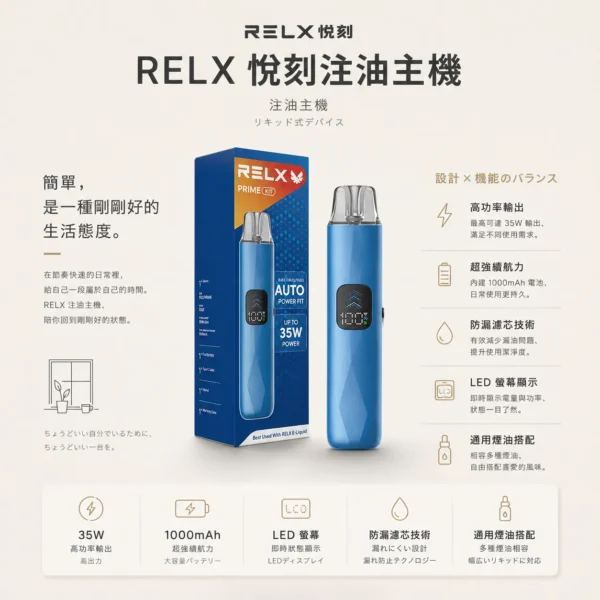 ChatGPT-Image-2026年8月24日-下午09_35_37.webp 【台灣現貨】RELX 悅刻 prime kit 注油小煙主機 防漏濾芯告別滲油 1000mAh超強續航 35W暴力輸出