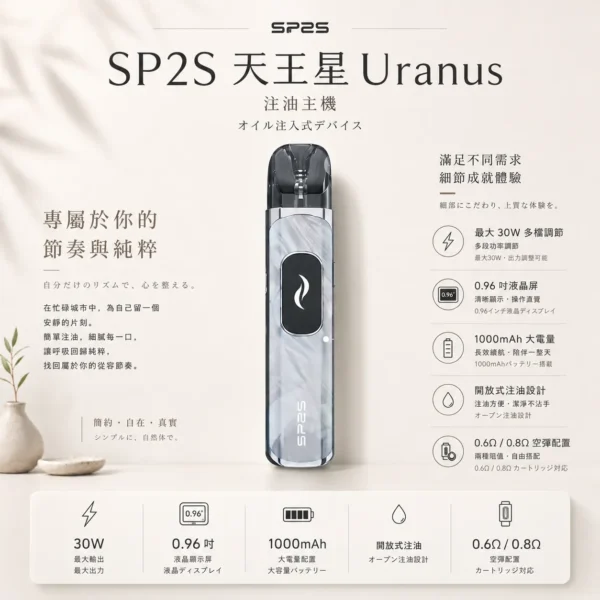 ChatGPT-Image-2026年8月25日-下午06_48_51.webp 【台灣現貨秒發】SP2S 天王星 Uranus 開放式注油小煙主機 含0.6Ω/0.8Ω空彈 通用小煙煙油 1000mAh大電量