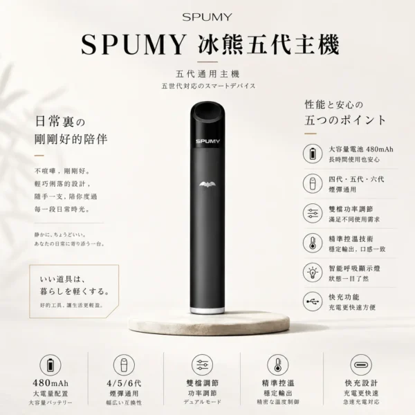 【台灣現貨秒發】SPUMY 冰熊 五代通用主機 480mAh超大電量快充 通用四代/五代/六代煙彈 智能呼吸燈