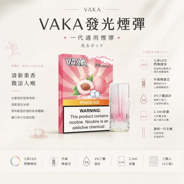 【台灣現貨秒發】VAKA 一代通用煙彈 2.3ml三顆入 升級陶瓷芯 3%尼古丁鹽順滑口感 七彩LED燈效
