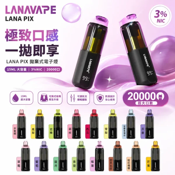 ChatGPT_Image_2026_7_14_13_19_53.webp 【台灣現貨秒發】LANA PIX 閃光彈 20000口拋棄式電子煙 可摺疊吸嘴乾淨衛生 850mAh大容量