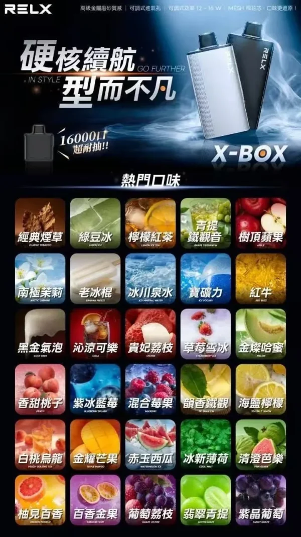 RELX-悅刻-X-BOX-16000口拋棄式電子煙-風味圖.webp 【台灣現貨秒發】RELX 悅刻 X-BOX 16000口 專用換彈式拋棄套裝 12W-16W可調功率 Mesh網狀芯